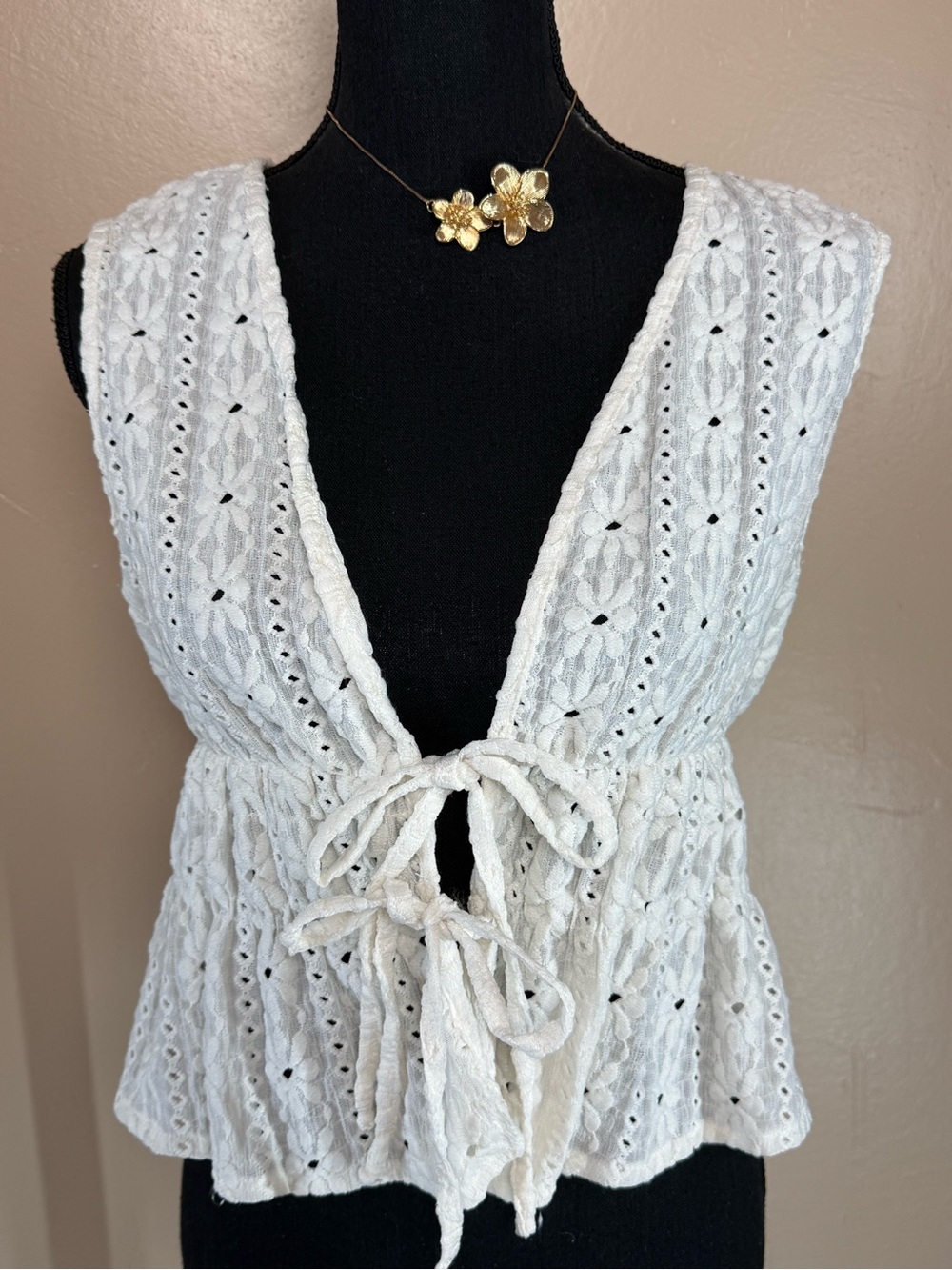 White Lace Tie-Front Women's Dress Top
